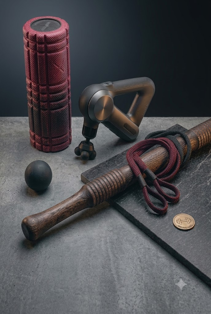 The full curated kit — foam roller, massage gun, lacrosse ball, mobility stick